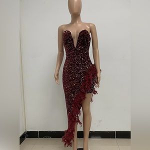 Womens Sequin Feather Prom Dresses Sleeveless Cami High Slit Evening Gowns